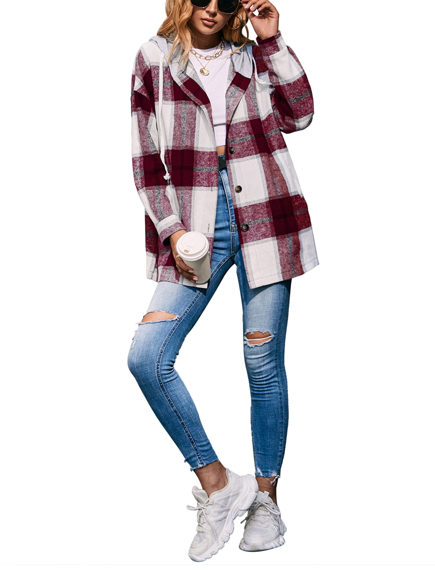 wsevypo Women Flannel Jacket with Hood 