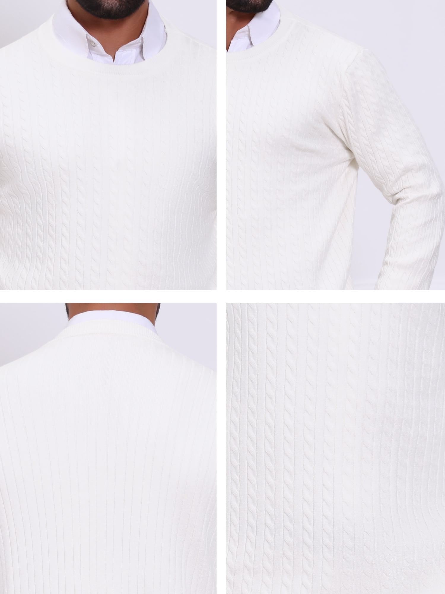 DARING DIVA Men's Crew Neck Long Sleeve Soft Cable Knit Pullover Sweater M White