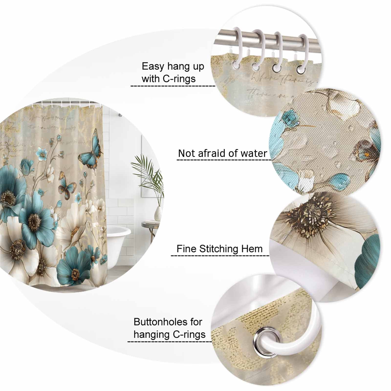 Teal Tulip Butterfly Shower Curtain, Waterproof Shower Curtains for Bathroom, Beige Turquoise Floral Vintage Rustic Washable Fabric Bathtub Curtain Set Bath Decor with 12 Hooks 48"x72"