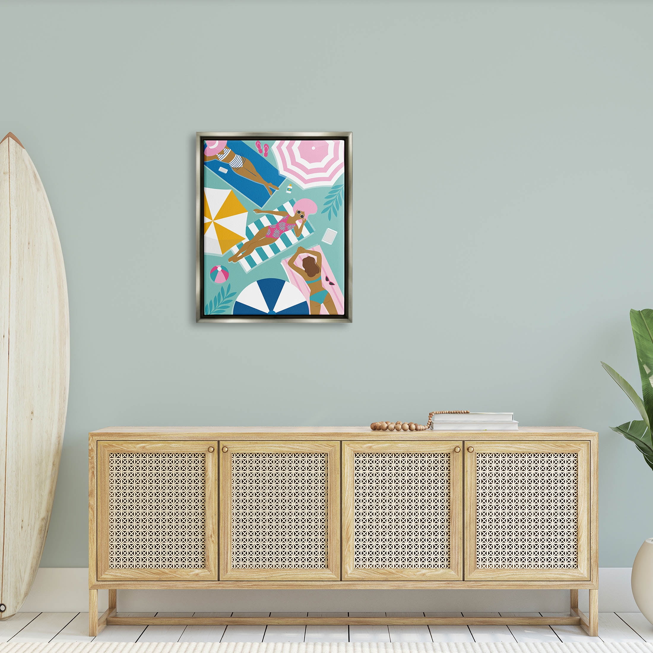 Modern Summer Sunbathing Girls Coastal Graphic Art Luster Gray Framed Art Print Wall Art