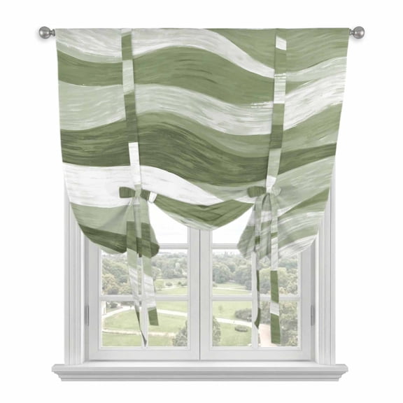 Sage Green Ombre Tie Up Curtains for Kitchen Windows,Adjustable Rod Pocket Valance 63 Inch Long, Modern Moire Abstract Art Aesthetics Window Treatment Balloon Roman Blind Shade, 52" x 63"