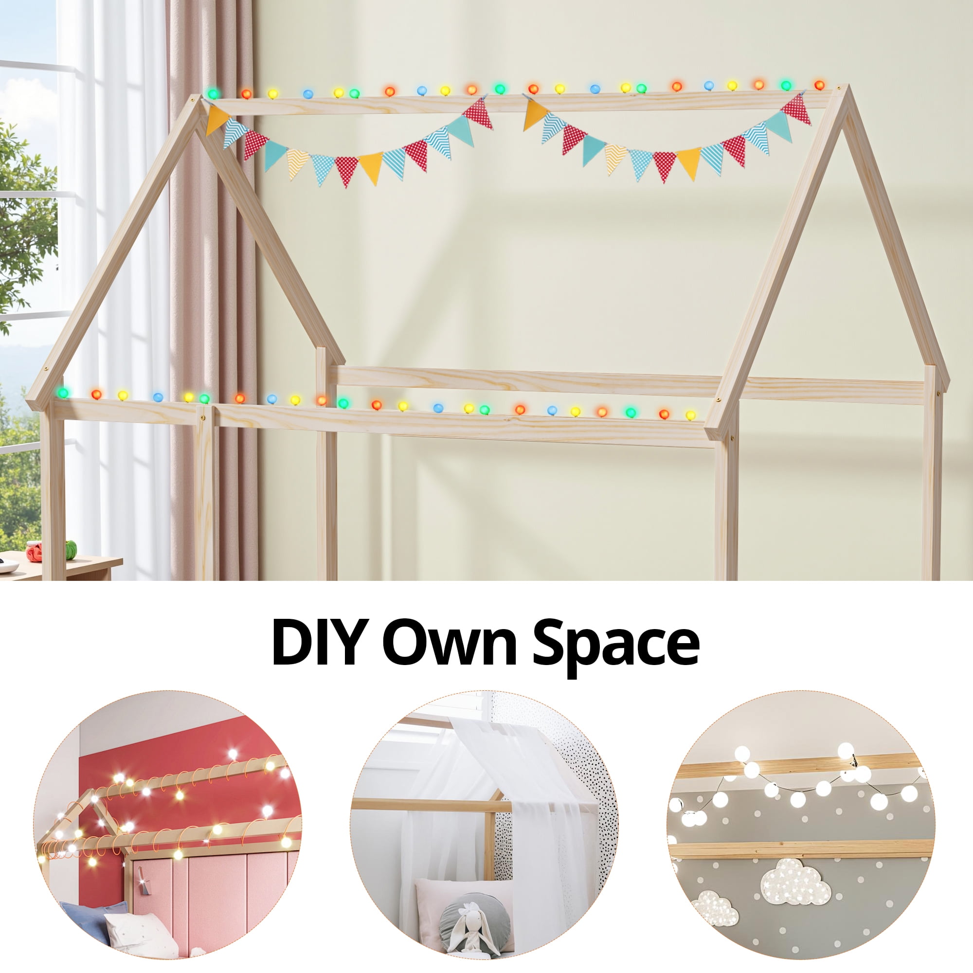 Full Size Floor Bed with Fence for Kids and Toddlers, Montessori Bed Playhouse Bed with Roof, Solid Wood Platform Bed Frame for Boys and Girls Bedroom, No Slats Included (Natural)
