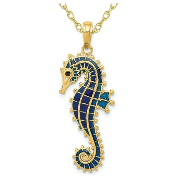 14K Yellow Gold 3-D Blue Enameled Seahorse Charm Pendant Necklace with Chain for Women