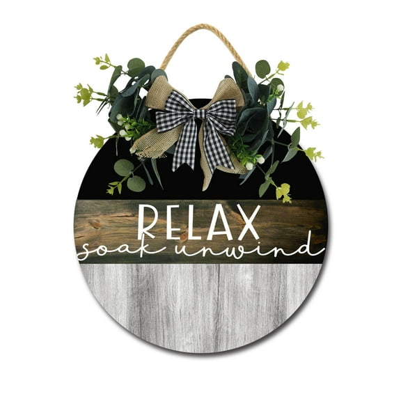 Relax Soak Unwind Sign Farmhouse Wood Sign Front Porch Decor Rustic Wooden Sign Wall Decor Hanging Wooden Decorations with Bow-Knot for Home Porch Wall Door, 11 x 11 inch