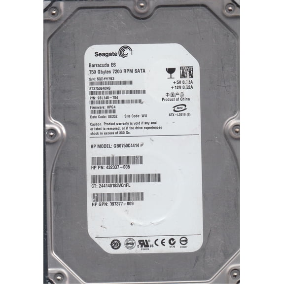 ST3750640NS, 5QD, WU, PN 9BL148-784, FW HPG4, Seagate 750GB SATA 3.5 Hard Drive