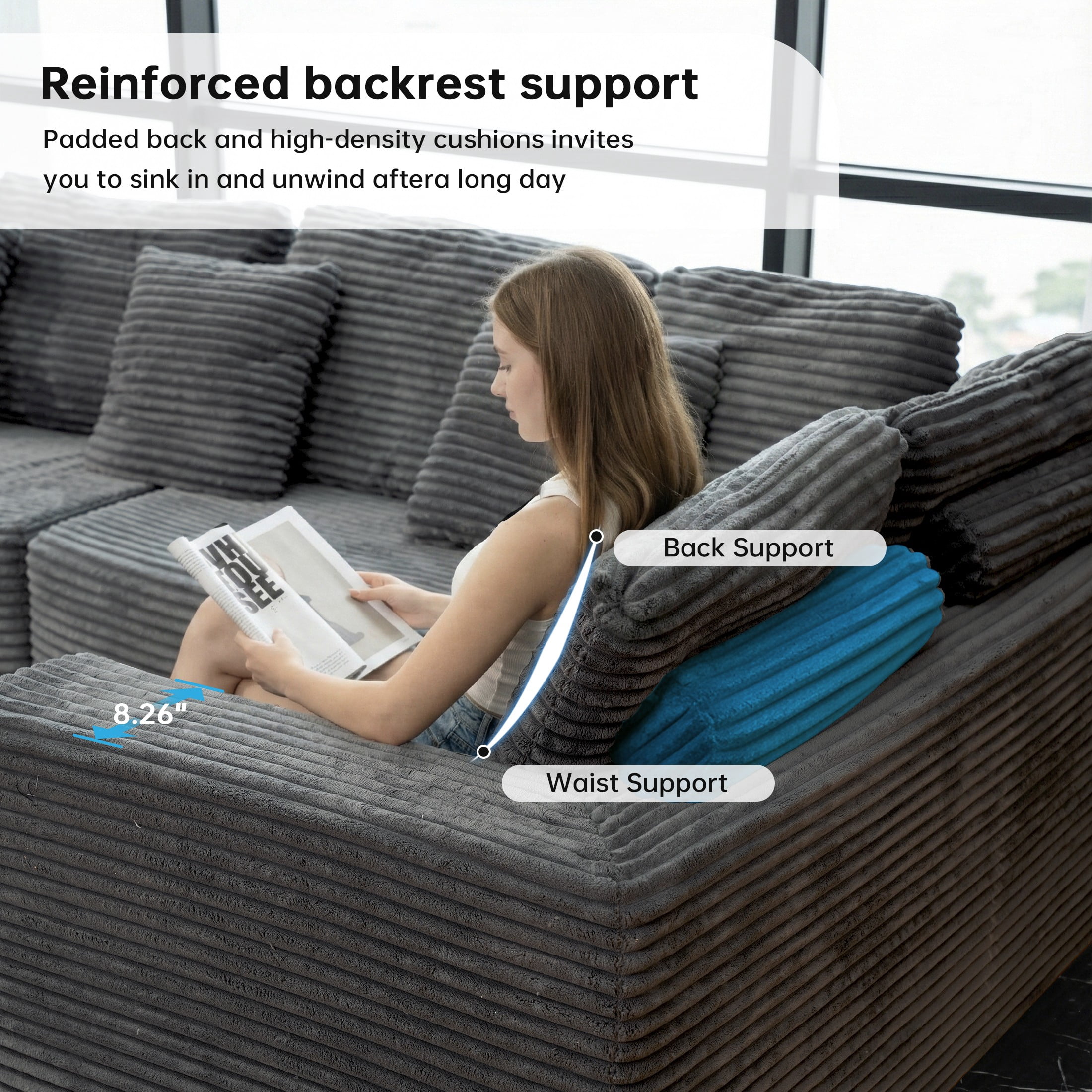SEENYOO 135.5" Cloud Couch,Boneless Sectional Sofa for Living Room,Gray U Shaped Couch with Chaise,6-Seater,Corduroy Fabric,Freely Configurable Layout