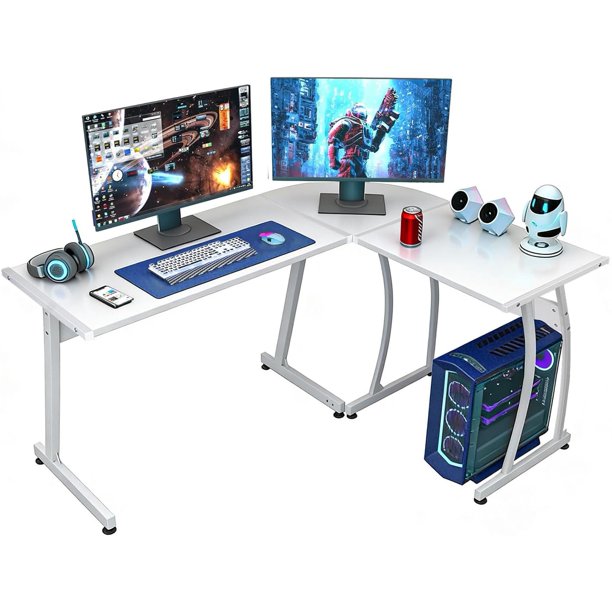 HHQHHQA L-Shaped Corner Desk Computer Gaming Desk - Modern Home PC Table Office Writing Workstation, White