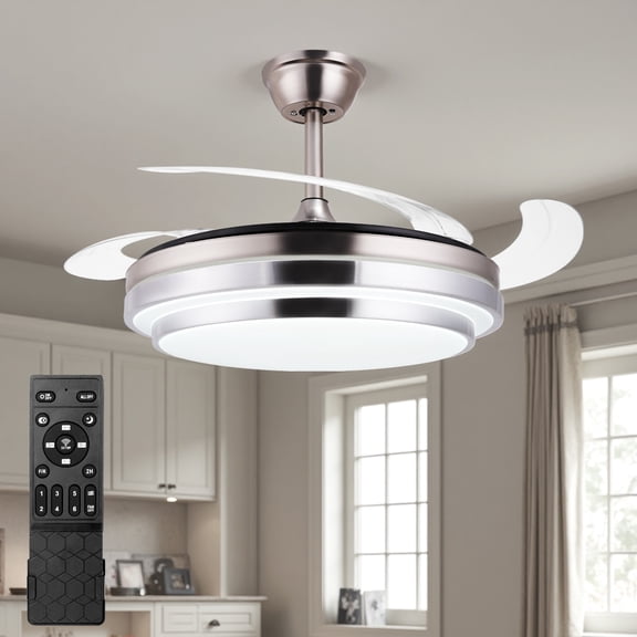 Smart Retractable Ceiling Fan with Light, 42 Inch Fandelier Remote Control, 3 Color Temperature Dimmable LED, 6 Speed Quiet Reversible DC Motor for Bedroom Living Room Kitchen