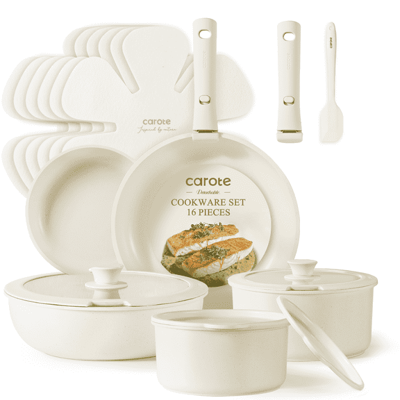 Carote 16 Pcs Nonstick Cookware Set, Pots and Pans Set with Detachable Handles, Oven/Dishwasher Safe, Stackable Kitchen Cooking Set, White Granite