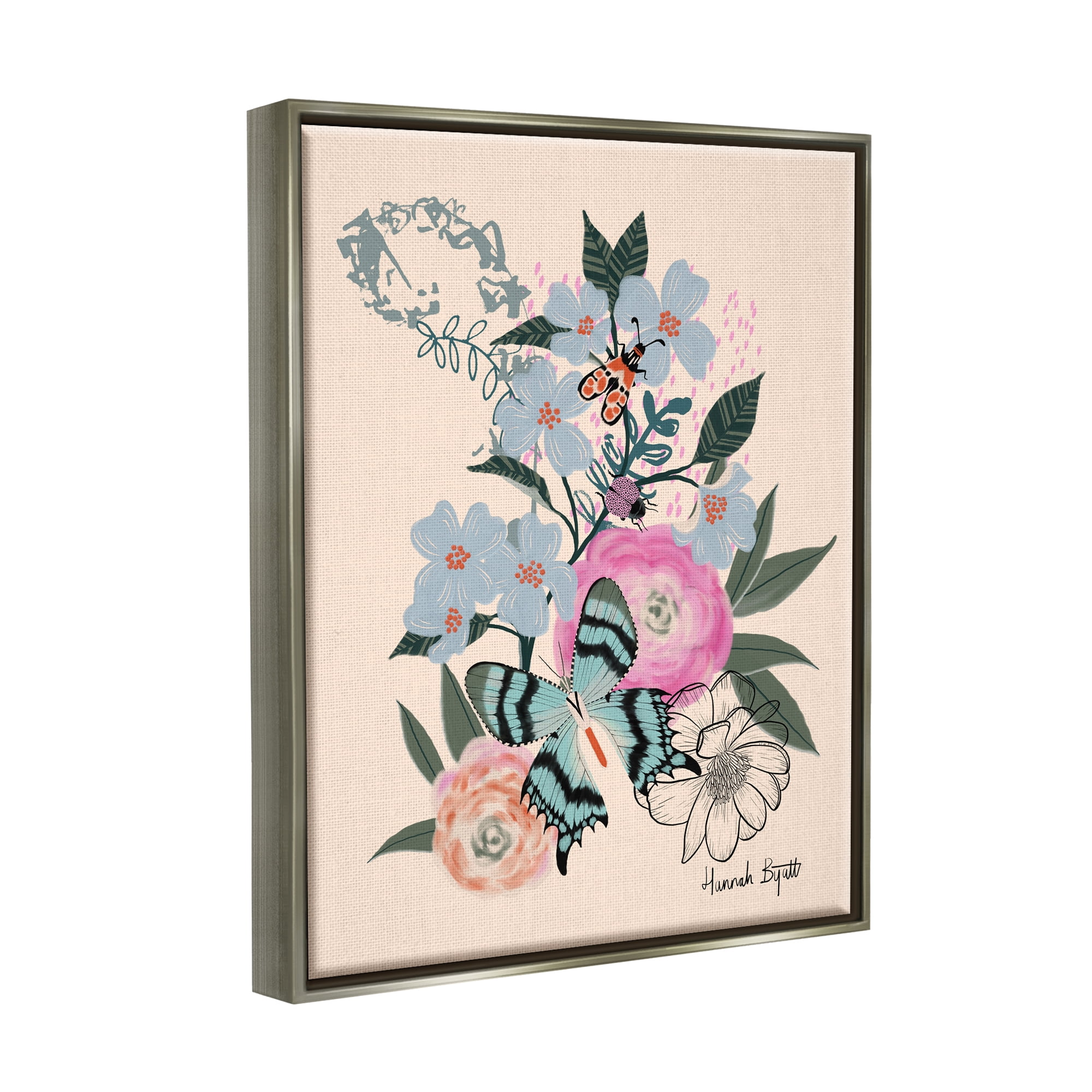 Stupell Industries Pastel Flowers & Butterfly Animals & Insects Painting Gray Floater Framed Art Print Wall Art, 17 x 21