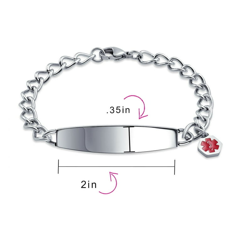 Bling Jewelry Bracciale ID Medico Personalizzabile In Acciaio Inossidabile, Catena Cubana Miami, Per Donne, 7.5 Pollici