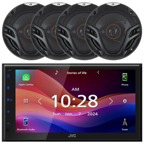 JVC KW-M690BW 6.8" Capacitive Monitor Single-DIN Bluetooth USB/MP3 Digital Media Shallow Chassis Multimedia Receiver, 4x Alphasonik AS26 6.5" 350W Max Power Full Range Coaxial 3-Way Car Audio Speakers