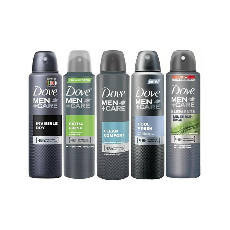 Dove Men + Care Antiperspirant Spray Variety Set, Sport, Clean Comfort,  Invisible Dry, Cool Fresh and Extra Fresh Scents, 8.45 Ounce, 5 Count