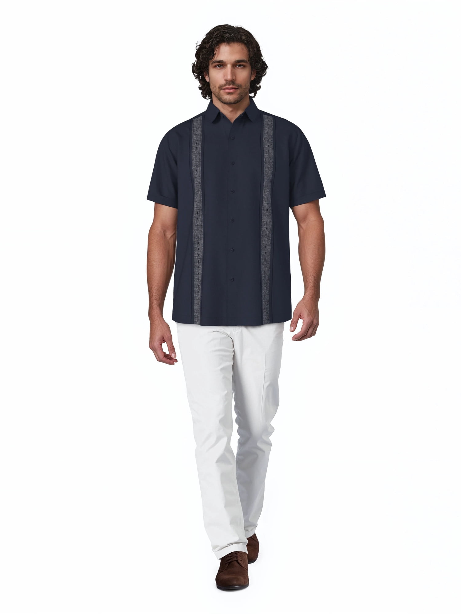Havanera Men's and Big Men's Contrast Panel with Pick Stitching Short Sleeve Linen Cotton Button-Down Shirt, Sizes S-5XL