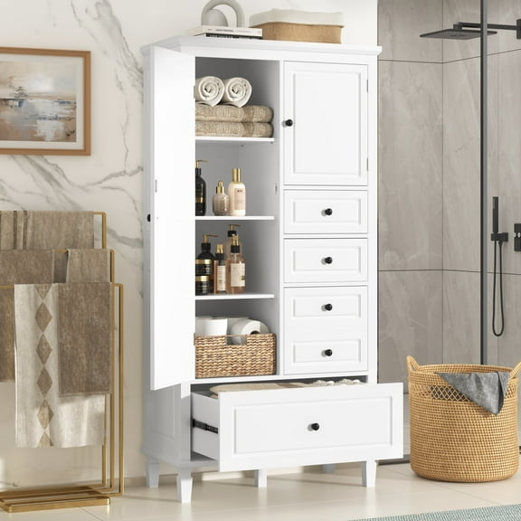 ALEXLOGER 61.8" Tall Bathroom Storage Cabinet with 2 Doors and 4 Drawers, Freestanding Linen Cabinet, Wooden Pantry with Adjustable Shelf for Bathroom, Kitchen, Living Room