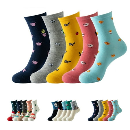 

5 Pairs Womens Crew Socks Cotton Casual Cute for Women Girls-C