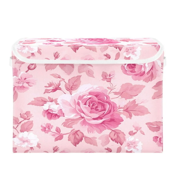 Storage Box With Lid 16.5x12.6x11.8In Foldable Stacked Household Storage Box Charming Pink Roses