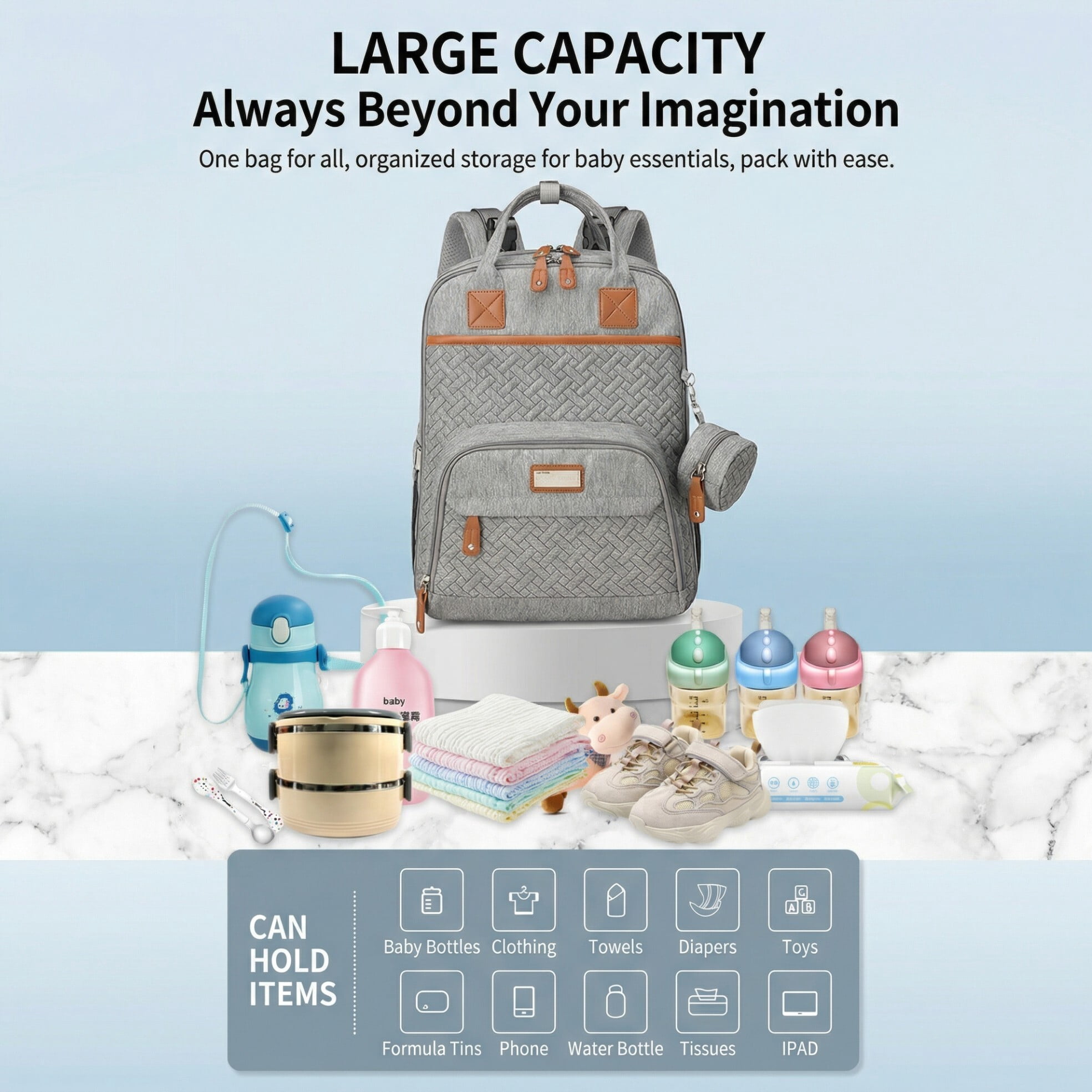 Baby diaper bag, with changing pad, multi-functional baby diaper bag, portable diaper bag, diaper bag storage bag, with insulated bottle bag, suitable for both boys and girls, gray.
