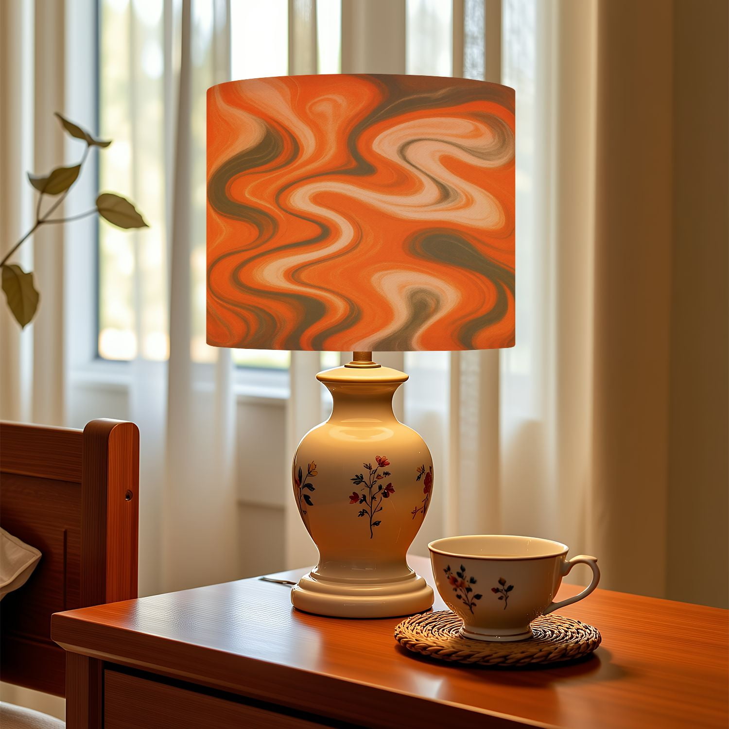 Linen Drum Lampshades This abstract features fluid swirling blend orange gray colors 13"x13"x10" Light Shade for Table Lamps Floor Lamp Shades Lampshade Replacement Assembly Required