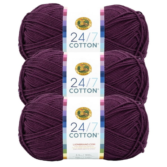 Lion Brand Yarn 24/7 Cotton Eggplant Medium Mercerized Cotton Yarn 3 Pack