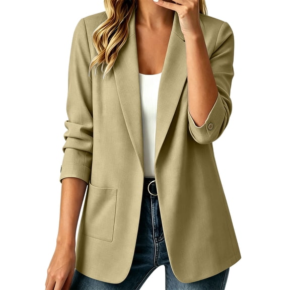 Hurxie Blazers for Women Casual Oversized Open Front Cardigan Long Sleeve Jackets Business Office Business Suit Blazer Khaki,S