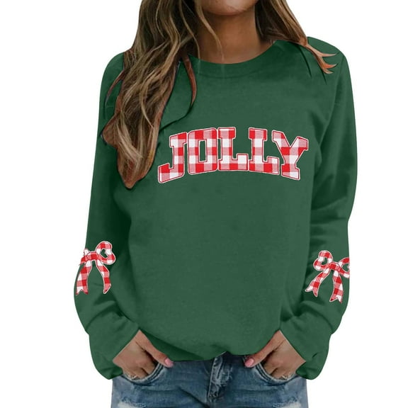 Fiaer Christmas Sweatshirts for Women Letter Bow Graphic Plus Size Pullover Crew Neck Casual Fashion Long Sleeve Tops Dark Green L