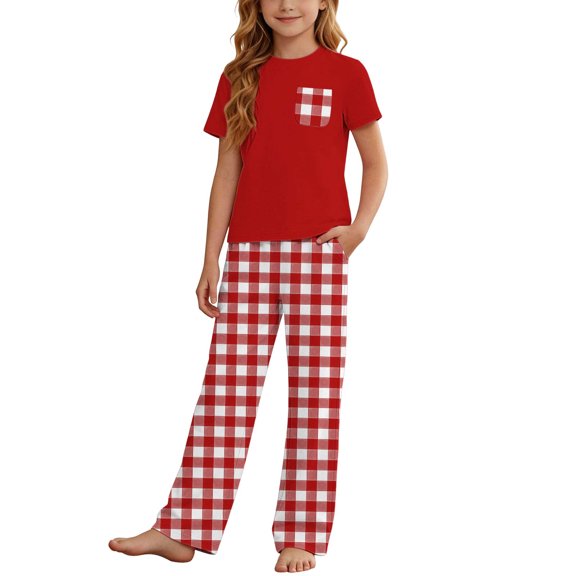 ITSAME Girls Outfits 2-Piece Crewneck T-Shirt and Plaid Pants Kids Casual Home Clothes Set Red Size 7