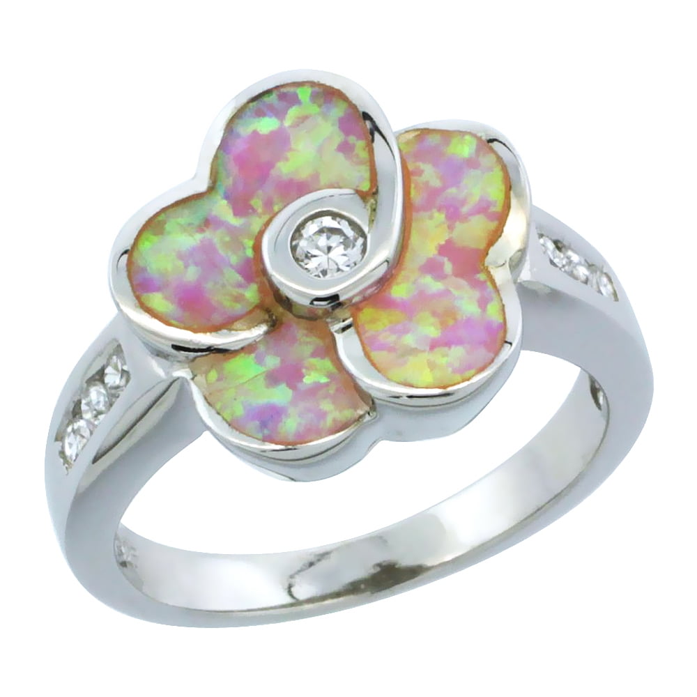 Sterling Silver Synthetic Pink Opal Flower Ring Cubic Zirconia Accent, 5 8 inch by WorldJewels