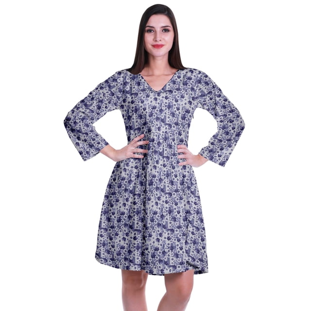Moomaya Robe Courte Évasée Imprimée de Designer, Manches Longues, Tunique en Velours, Robes pour Femmes