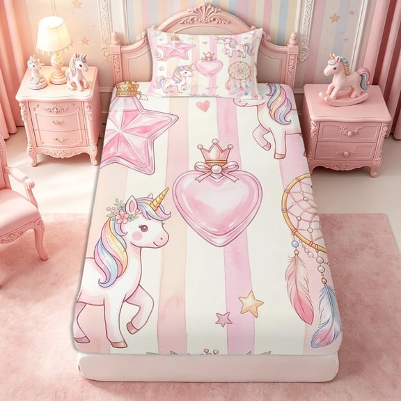 Manfei Kawaii Rainbow Unicorn Twin Fitted Sheet 2 Pieces,Dreamy Floral Dreamcatcher Bedding,1 Fitted Sheet and 1 Pillowcase