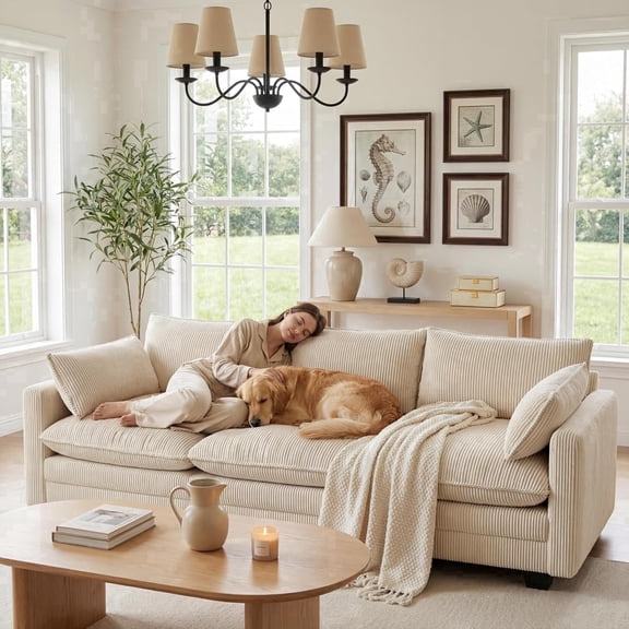 110" Cloud Couches for Living Room, Noelse 3 Seater Cloud Sofa with Double Layer Cushion and Deep Seat, Cream Couch with Washable Cover, Corduroy Fabric, Beige