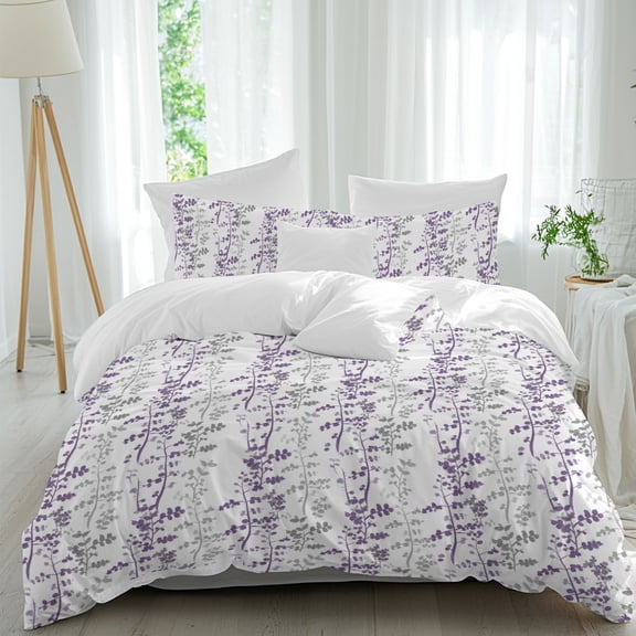 Duvet Cover Twin Size 3 Piece Bedding Set, Rustic Purple Gray Leaf Soft Breathable Comforter Cover with 2 Pillow Shams, Farmhouse Plant Watercolor Style Luxury Duvet Covers with Zipper Closure