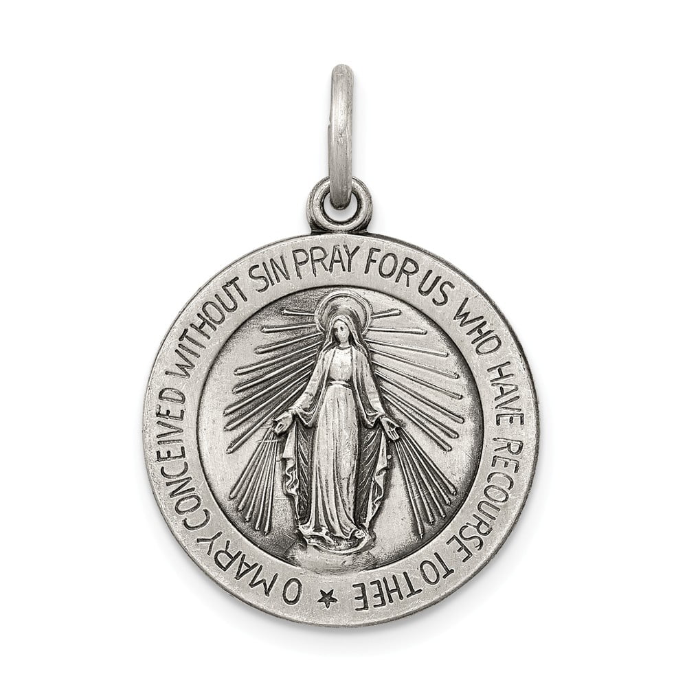 925 Sterling Silver Miraculous Medal Pendant Virgin Mary Charm Antiqued Fashion 