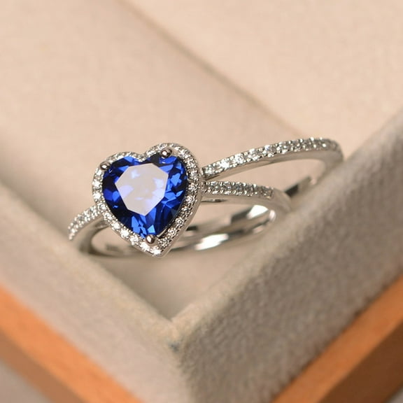 Lab Blue sapphire ring, silver wedding ring sets, September birthstone, heart cut halo ring,bridal set