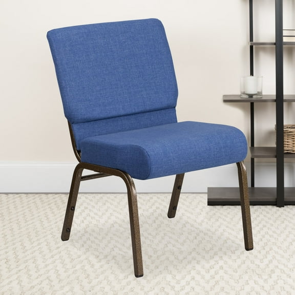 Emma   Oliver 4 Pack 21"W Stacking Church Chair in Blue Fabric - Gold Vein Frame