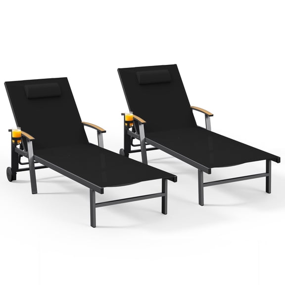 Harbweb Outdoor Chaise Lounge Chair Set of 2, 5-Position Adjustable Sun Tanning Chair with Pillow, Aluminum Patio Lounge Chair with Wheels & Armrests for Garden, Beach, Patio, Pool, Black