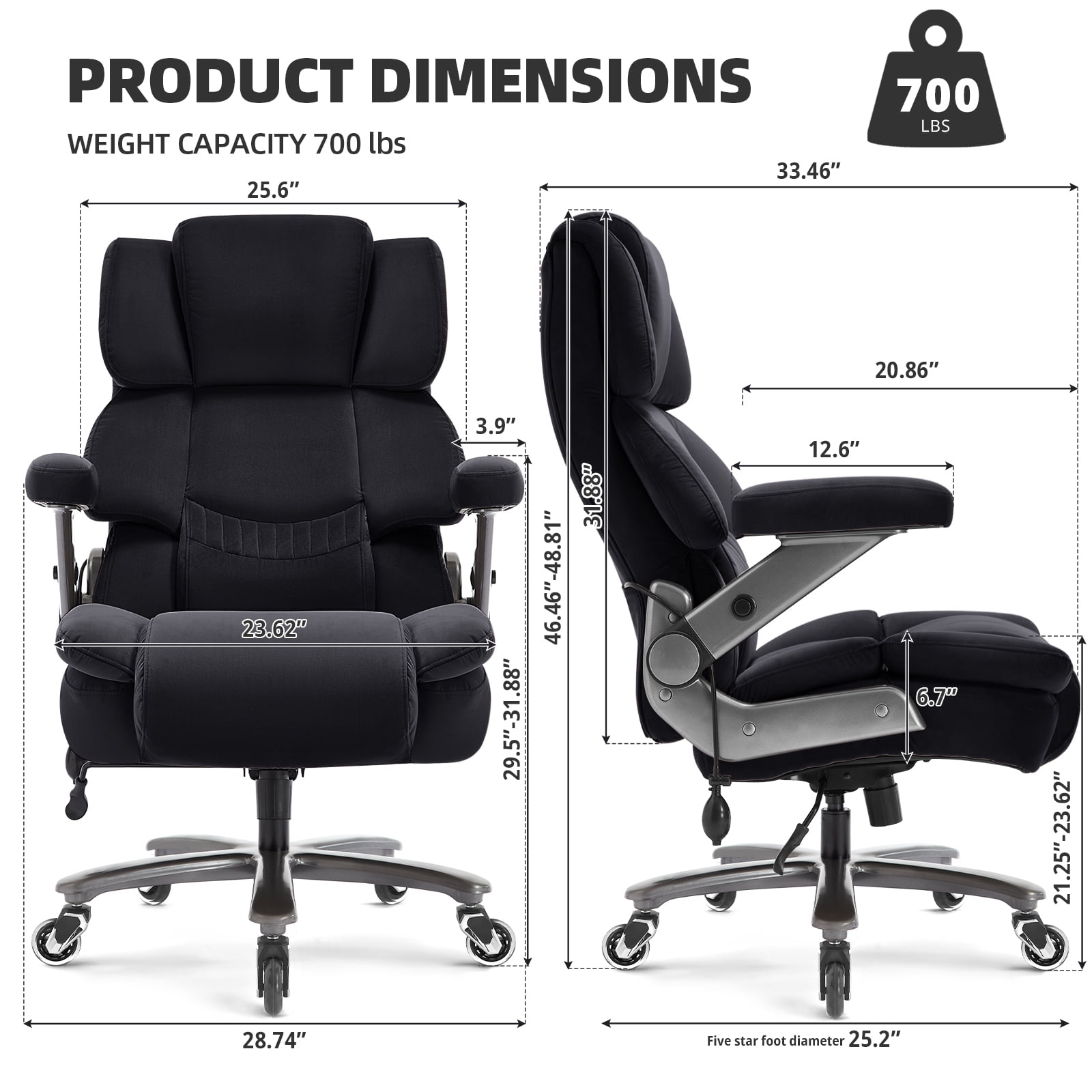Big and Tall 700lbs Office Chair, Fabric Heavy Duty Executive Chair with 3D Flip up Armrests Adjustable Lumbar Support Large Rubber Wheels, Extra Wide High Back Computer Desk Chair, Black