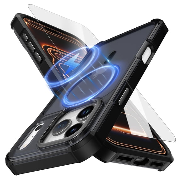Dteck Magnetic for iPhone 17 Pro Case with Screen Protector, Compatible with MagSafe, Translucent Matte Rugged Shockproof Phone Cover,Black