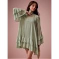 thumbnail image 3 of Mint Green High-Neck Flare Sleeve Ruffle Hem Mini Dress with Tie Back, 3 of 30
