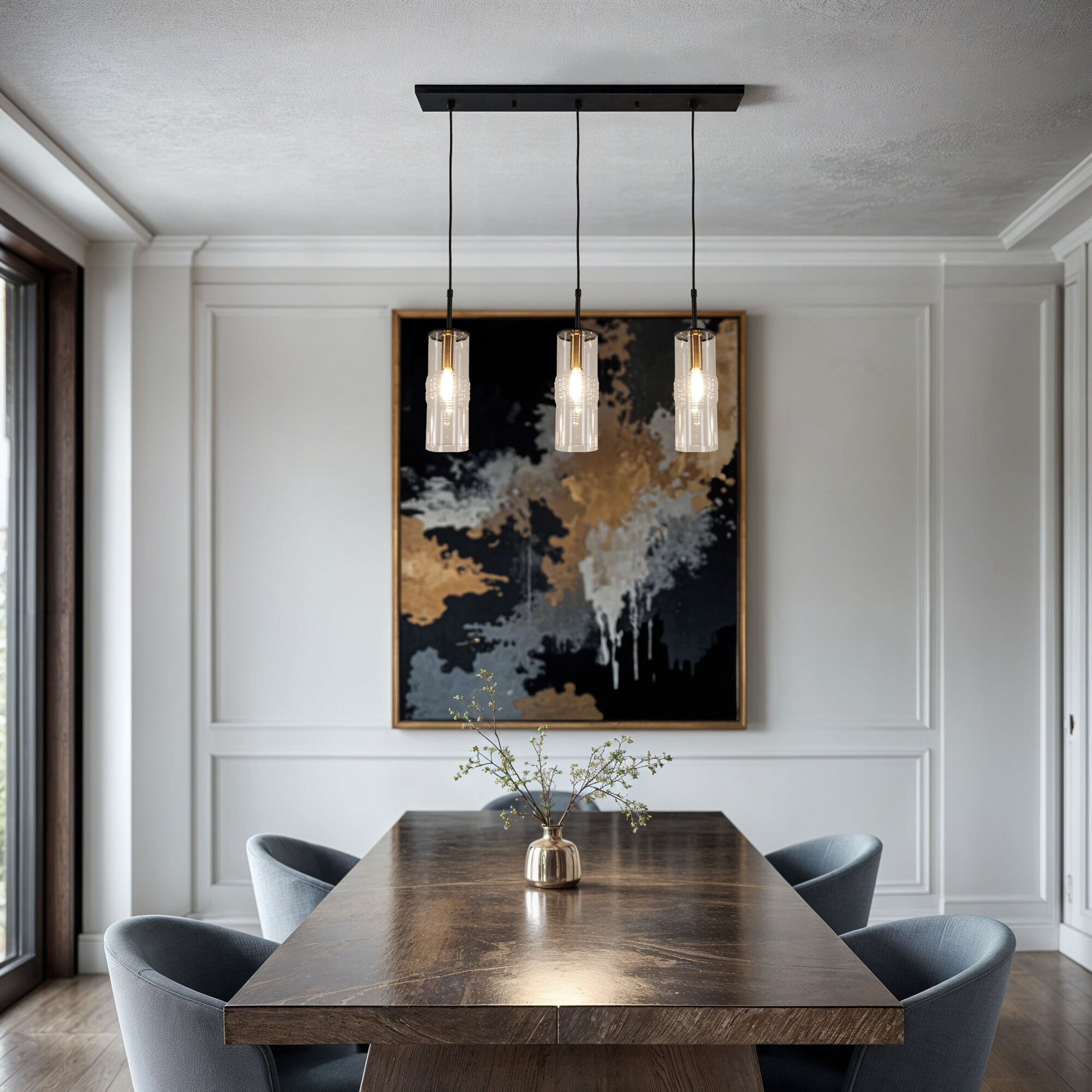 Kenroy Home Caulford 3-Light Adjustable Height Kitchen Island Light Fixture with Clear Glass Cylinder Shade for Kitchen Island, Dinning Room, Bedroom, Foyer, or Entryway, Black