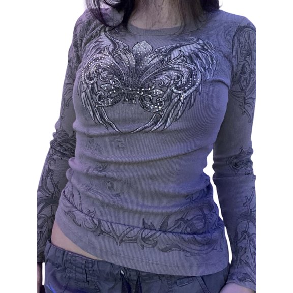 Michellecmm Women Long Sleeve Shirts Gothic Tops Retro Wings Print Rhinestones Fairy Grunge Shirts Tops Streetwear