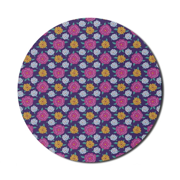 Floral Mouse Pad for Computers, Modern Retro Theme Inspired Sketch of Ornamental Summer Flowers and Leaves, Round Non-Slip Thick Rubber Modern Mousepad, 8" Round, Indigo Multicolor, by Ambesonne