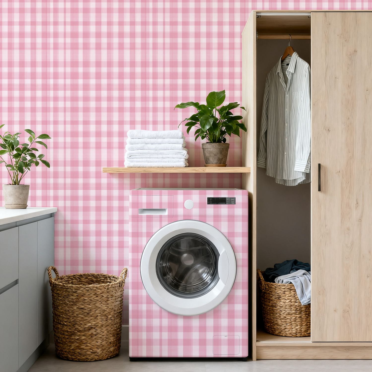 Peel and Stick Wallpaper Pink gingham check seamless Soft romantic checkered Wall Mural 17.7in x 9.8ft Self Adhesive Removable Wall Paper Renter Friendly Wallpaper for Bedroom Bathroom