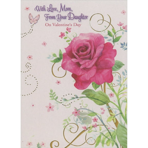 Designer Greetings Large Pink Rose and Small Butterfly with Gold Foil Swirls Mom Valentine's Day Card from Daughter