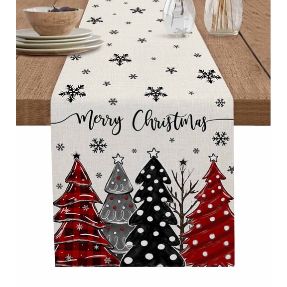 Ldtrchee Red Black Christmas Tree Table Runner 108 Inches, Xmas Tree Snowflake Rustic Bed Runner Dresser Scarves Tabletop for Indoor Outdoor Parties/Ceremony/Banquet, 13"x 108"