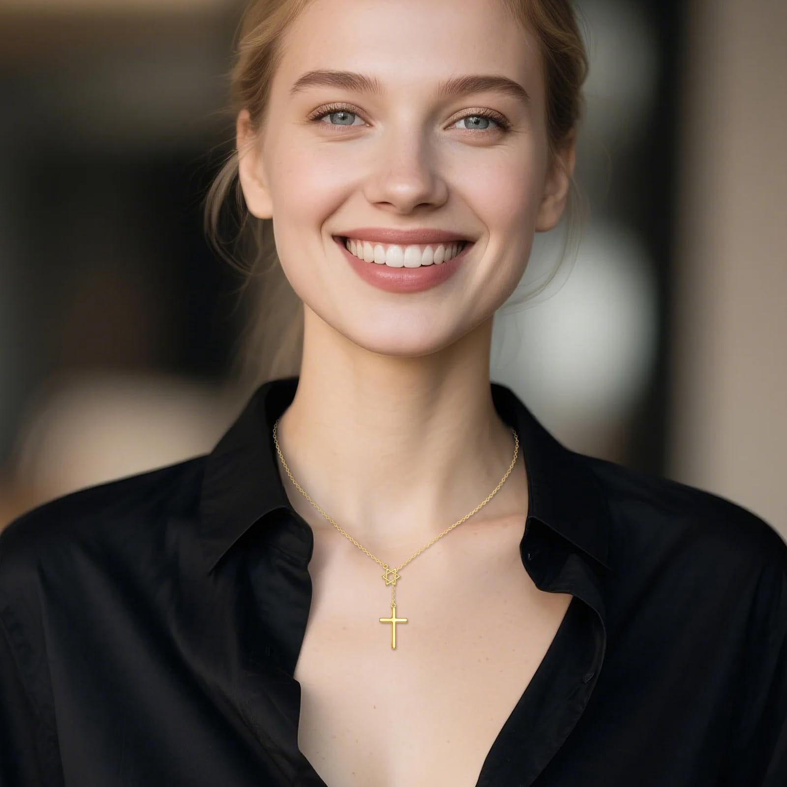 14K Gold Star of David with Y Cross Pendant Necklace for Men Women, Elegant Religious Jewelry Gift for Christmas, Birthday