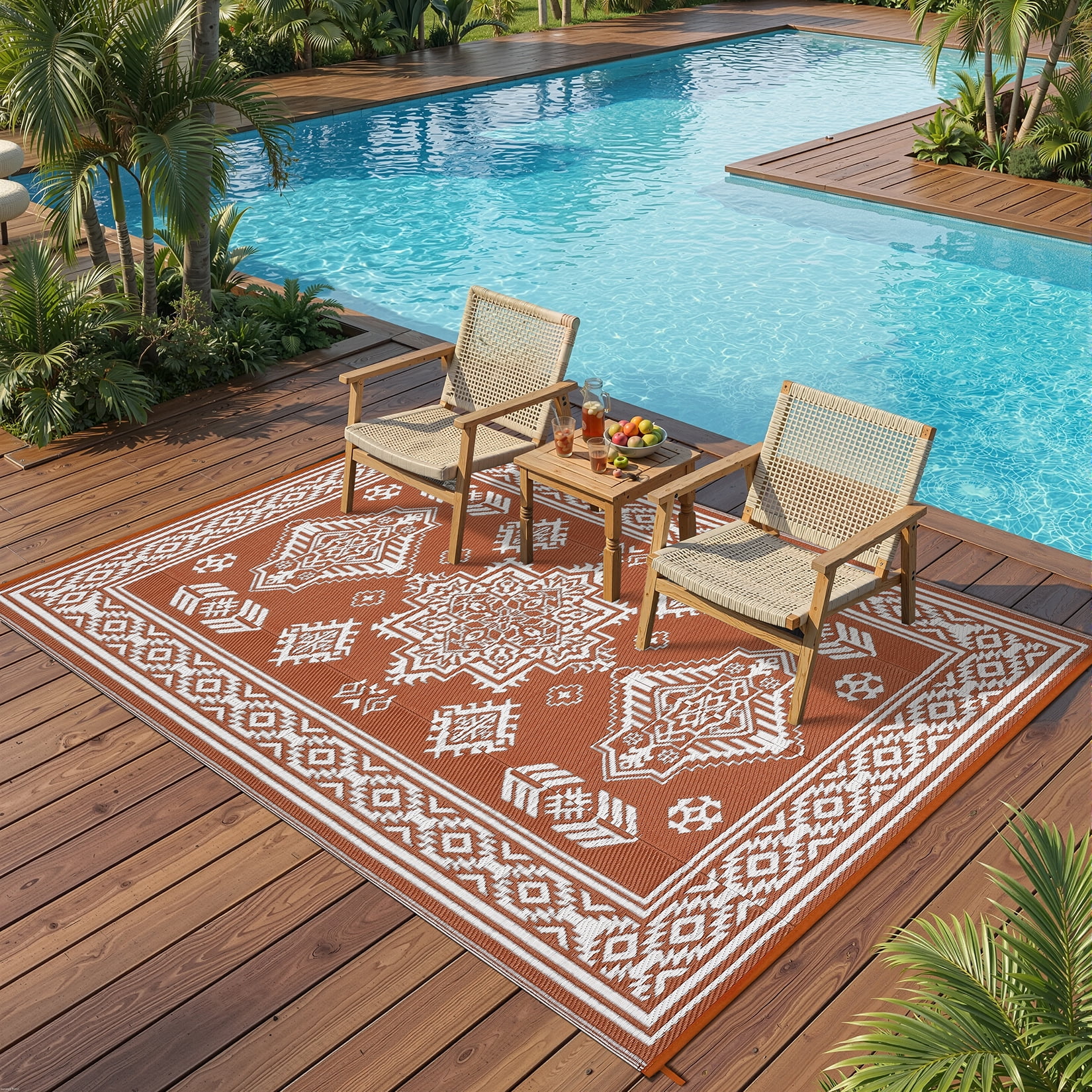 Nanan 9'x18' Indoor Outdoor Rug Boho Waterproof Plastic Straw Patio Rug, Reversible RV Camping Carpet for Backyard, RV, Deck, Porch, Balcony, Orange