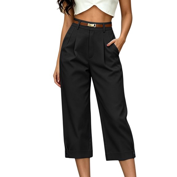 Yangnuo Women High Waist Pleated Capri Dress Pants With Pockets Belted Casual Business Commuter Cropped Trousers