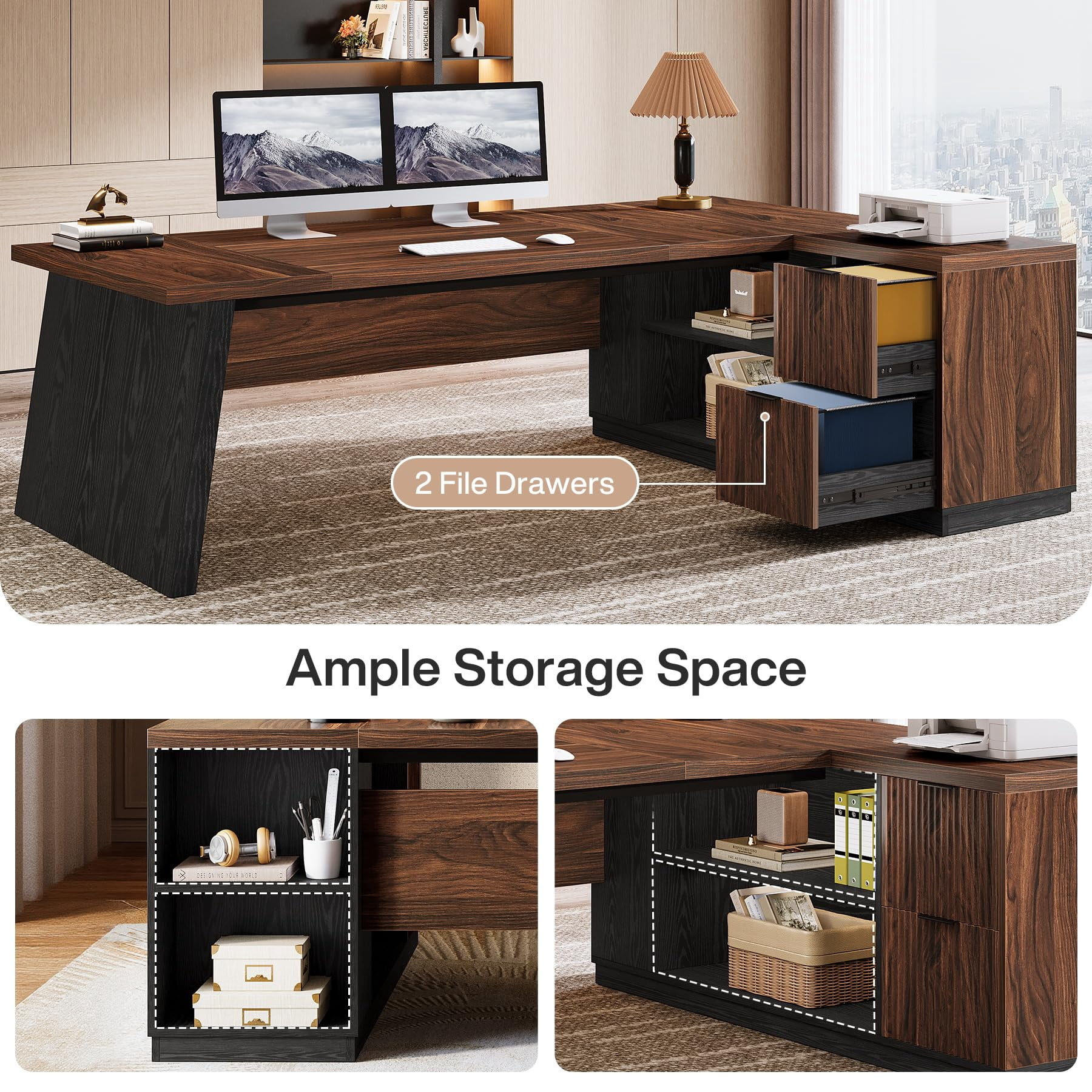 Tribesigns 78" L Shaped Executive Desk with Drawers, Large Office Desk with Storage Shelves, Modern Corner Computer Table for Home Office (Black & Brown)