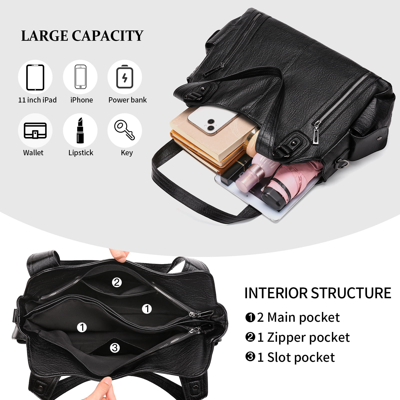 KALUNMA Handbags for Women Large Hobo Shoulder Bags Soft PU Leather Multi-Pocket Tote Bag